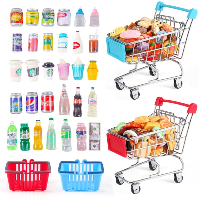 HSJH 134pcs Mini Shopping Cart Basket Miniature Food Drink Bottle Supermarket Metal Handcart Toys Doll House Store Cosplay Game Dollhouse Grocery Fruit Cake Bread Party Trolley Model Dollar Bills - Image 1